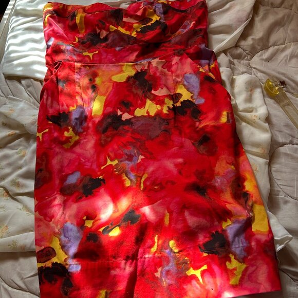 Bright Citrus-ColoredTropical print strapless dress, size 12. - Picture 1 of 3